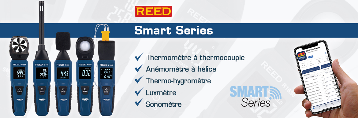 Instruments compatibles avec la série Smart Series de REED  : R1600 – Anémomètre à hélice, R1610 – Thermo- Hygromètre, R1620 – Sonomètre, R1630 – Luxmètre, R1640 – Thermomètre à thermocouple