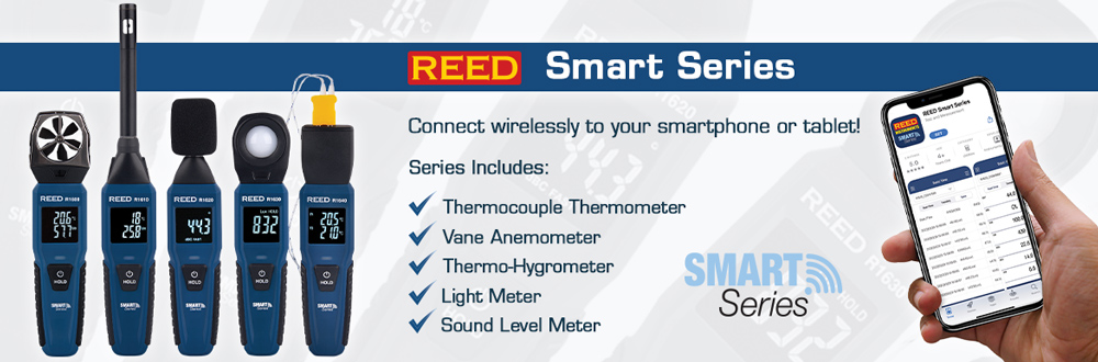 REED Smart Series Compatible Instruments: R1600 – Vane Anemometer, R1610 – Temperature and Humidity Meter, R1620 – Sound Level Meter, R1630 – Light Meter, R1640 – 2-Channel Thermocouple Thermometer