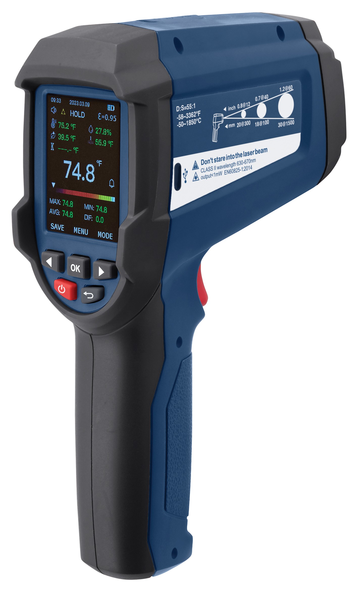 REED R2340 Professional Infrared Thermometer, 55:1, 3362°F (1850°C),  Integrated Type K Thermocouple