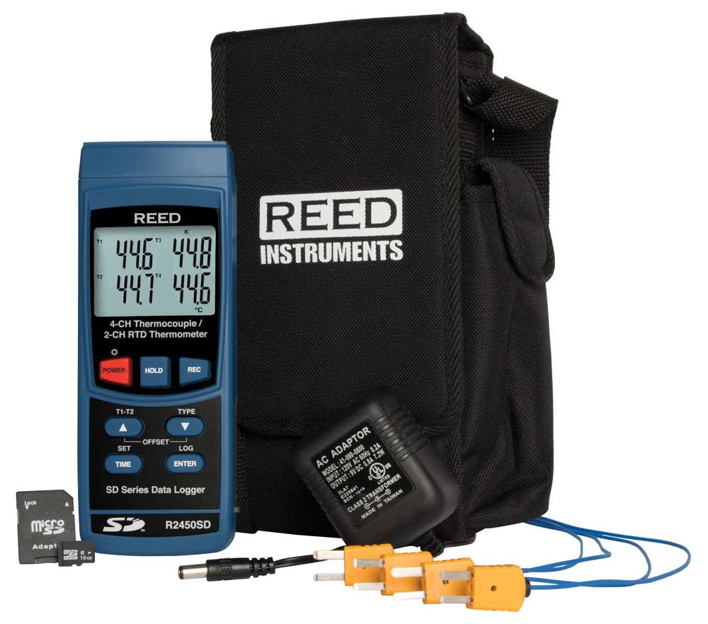 REED R2450SD-KIT3 Thermomètre avec enregistrement de données, carte SD, adaptateur d'alimentation et 4 sondes thermocouples-